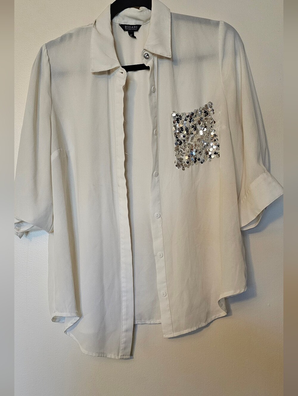 White Button-Down Top with Sequin Pocket